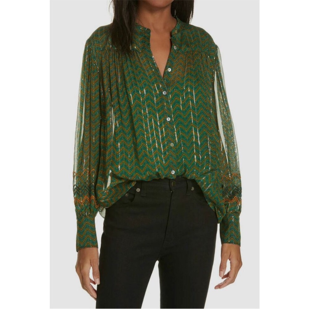 ba&sh Green Chevron Metallic-Thread Sheer Blouse